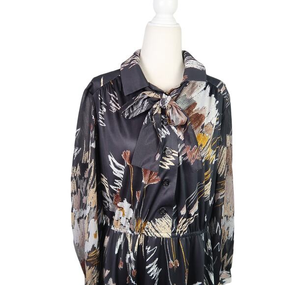 Vintage 70s Gayle Evans black and brown abstract print midi dress XL - Picture 2 of 5